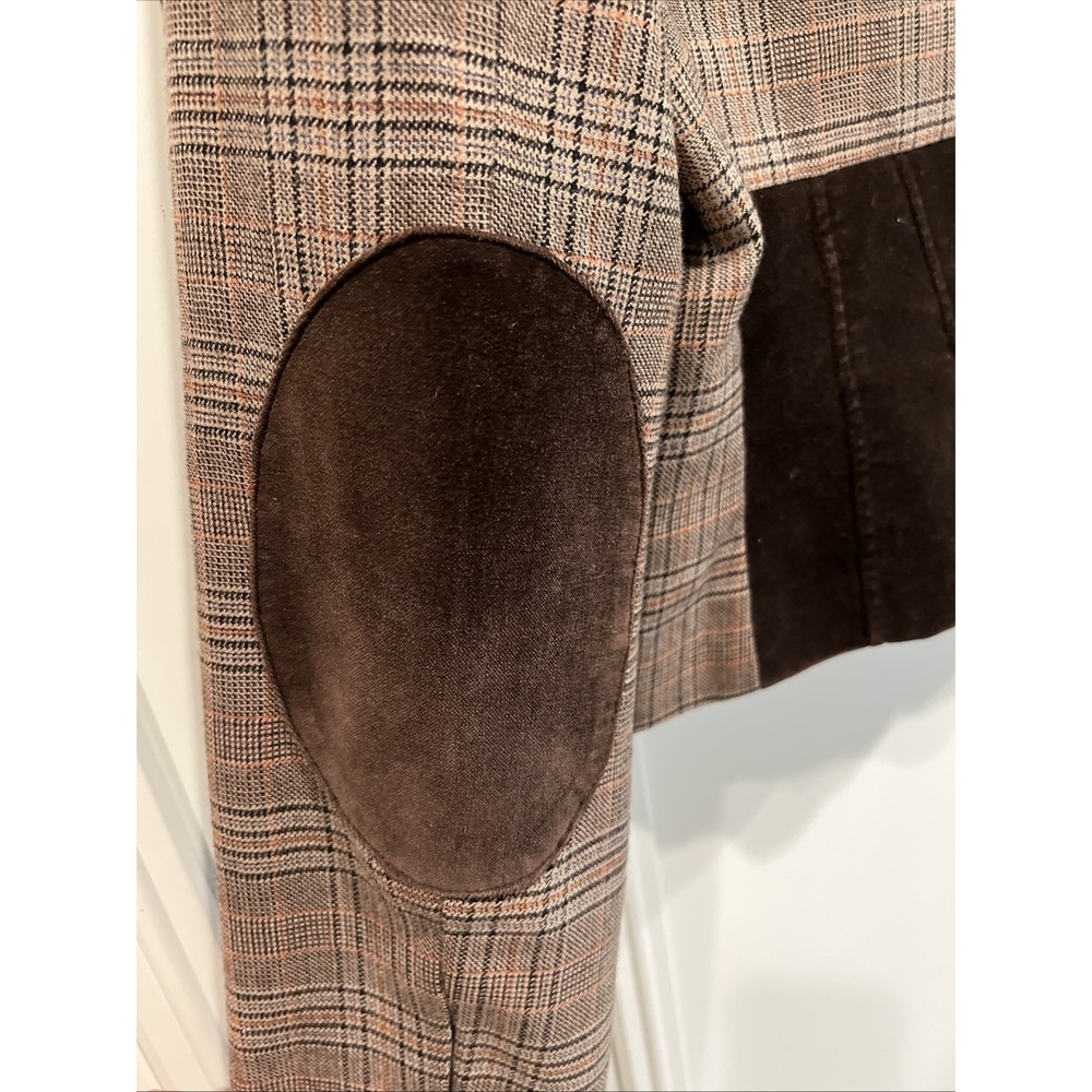 BCBGMaxazria Brown Glen Plaid Blazer Size Medium Wool Preppy Elbow Patches Crop - Picture 4 of 8